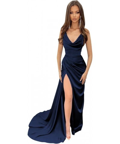 Women's Spaghetti Straps Satin Prom Dresses Long Ball Gown Mermaid Slit Strapless Formal Evening Dress for Wedding Navy Blue ...