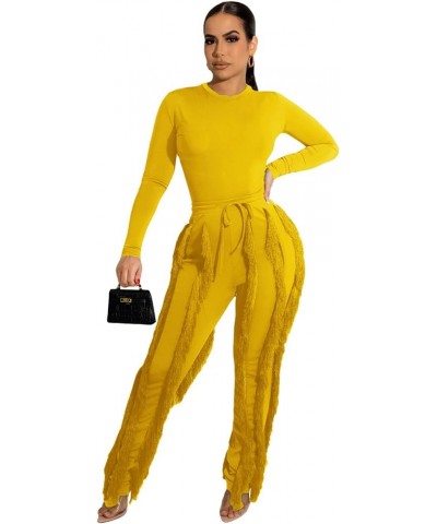 Women's 2 Piece Outfits Long Sleeve Tank Tops Fringe Long Pants Casual Tassels Bodycon Yoga Pants Set Clubwears Yellow $23.40...