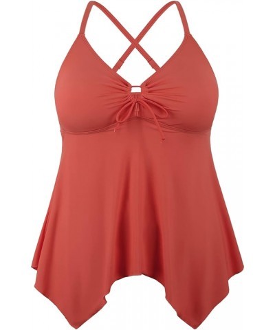 Women's Front Tie Swim Top Cross Back Tankini Top Flowy Swimdress Tummy Control Brick Red $12.71 Swimsuits