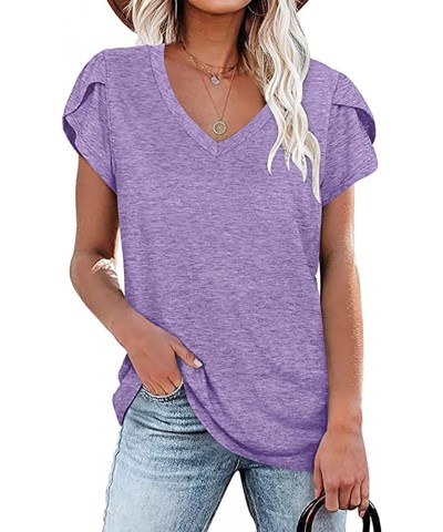 Women Petal Sleeve Tops V Neck Short Sleeve Shirts Summer Casual Loose Solid Color Basic Tunic Tshirt Light Purple $11.65 Tops