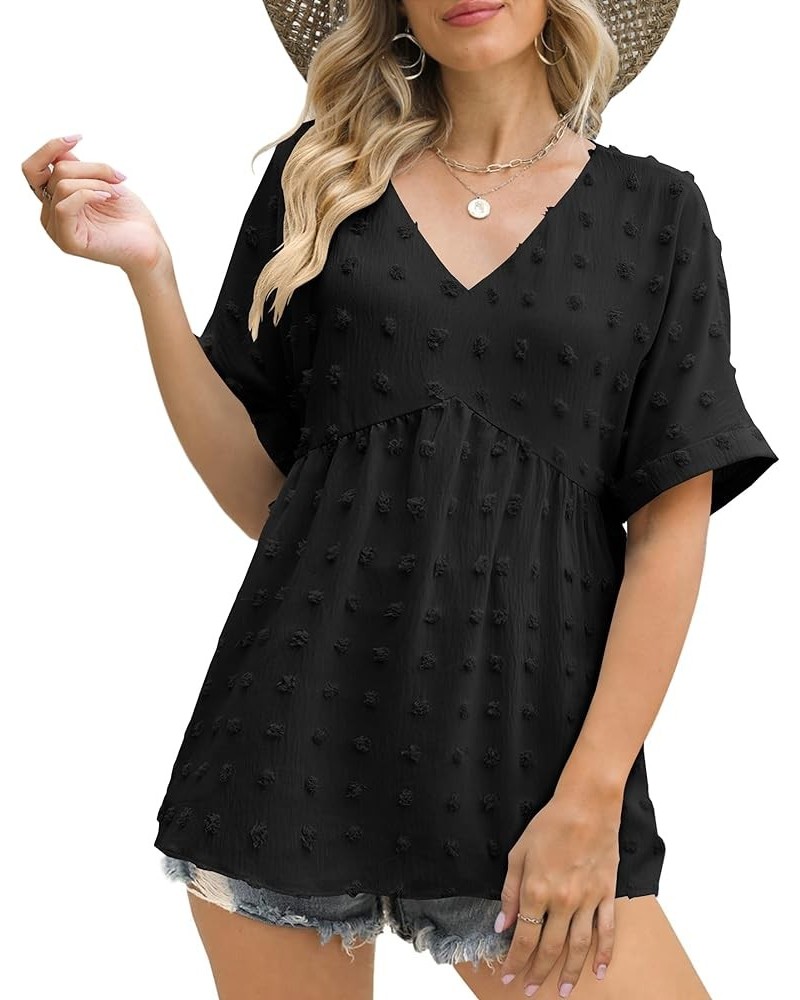 Women's V-Neck Flowy Tunic Tops Swiss Dot Short Sleeve T Shirts Babydoll Loose Fit Casual Blouse Black $11.75 Tops