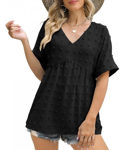 Women's V-Neck Flowy Tunic Tops Swiss Dot Short Sleeve T Shirts Babydoll Loose Fit Casual Blouse Black $11.75 Tops