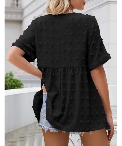 Women's V-Neck Flowy Tunic Tops Swiss Dot Short Sleeve T Shirts Babydoll Loose Fit Casual Blouse Black $11.75 Tops