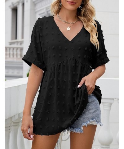 Women's V-Neck Flowy Tunic Tops Swiss Dot Short Sleeve T Shirts Babydoll Loose Fit Casual Blouse Black $11.75 Tops