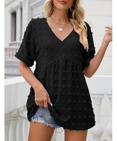 Women's V-Neck Flowy Tunic Tops Swiss Dot Short Sleeve T Shirts Babydoll Loose Fit Casual Blouse Black $11.75 Tops