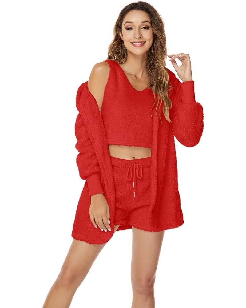 Sherpa Hooded Cardigan Outwear Crop Tops Shorts Nightwear Set, Women Sexy Warm Fuzzy 3 Piece Outfits Pajamas Vest Same Color ...