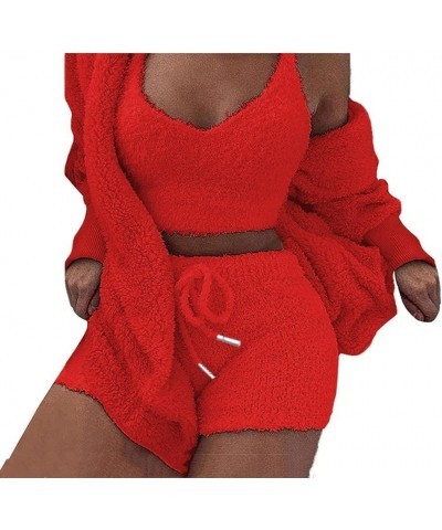 Sherpa Hooded Cardigan Outwear Crop Tops Shorts Nightwear Set, Women Sexy Warm Fuzzy 3 Piece Outfits Pajamas Vest Same Color ...