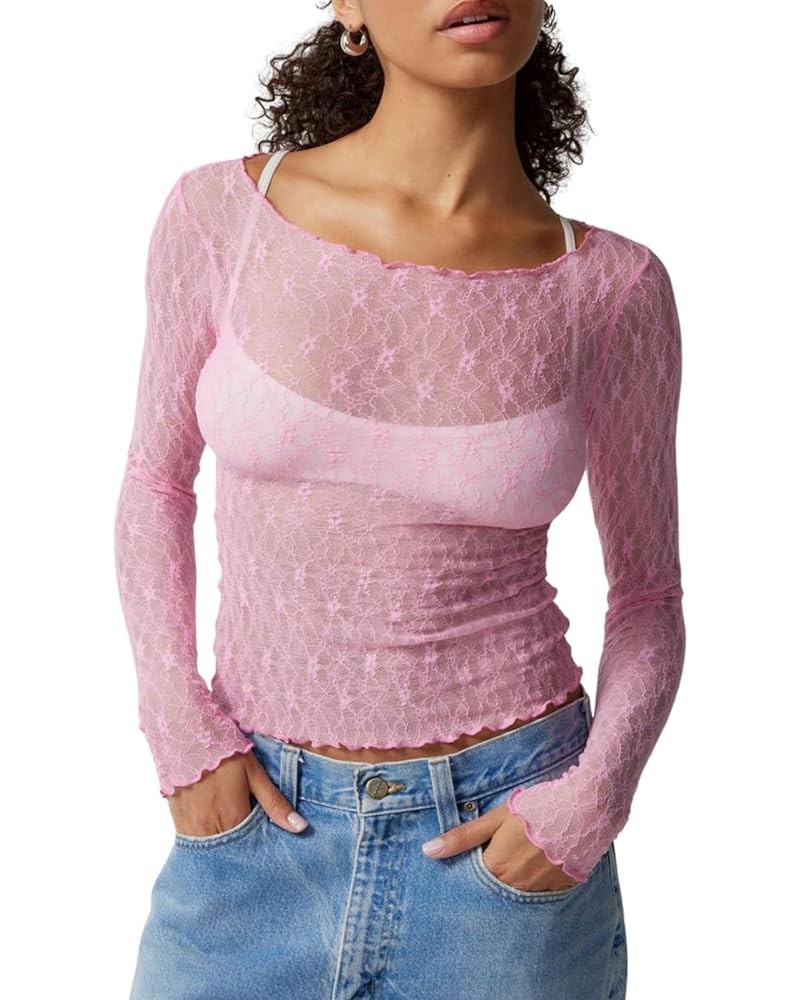 Women Lace Long Sleeve Shirt Top Y2k Sexy Sheer Mesh See Through Slim Fit Crop Top Blouse Zna-pink $8.83 Blouses