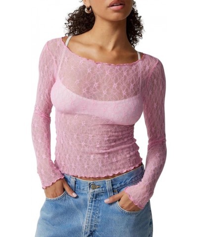 Women Lace Long Sleeve Shirt Top Y2k Sexy Sheer Mesh See Through Slim Fit Crop Top Blouse Zna-pink $8.83 Blouses