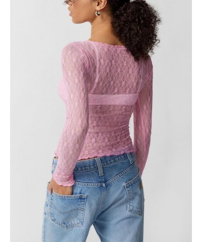 Women Lace Long Sleeve Shirt Top Y2k Sexy Sheer Mesh See Through Slim Fit Crop Top Blouse Zna-pink $8.83 Blouses