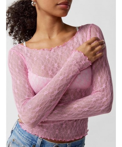 Women Lace Long Sleeve Shirt Top Y2k Sexy Sheer Mesh See Through Slim Fit Crop Top Blouse Zna-pink $8.83 Blouses