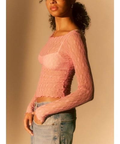 Women Lace Long Sleeve Shirt Top Y2k Sexy Sheer Mesh See Through Slim Fit Crop Top Blouse Zna-pink $8.83 Blouses