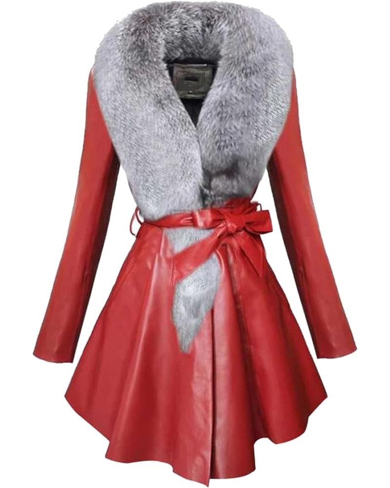 Women's Faux Leather Jacket with Faux Fur Long Sleeve Lapel Coat Fashion Dress Jacket Plus Size Outerwear Red $28.04 Coats