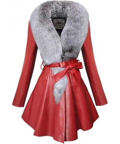 Women's Faux Leather Jacket with Faux Fur Long Sleeve Lapel Coat Fashion Dress Jacket Plus Size Outerwear Red $28.04 Coats