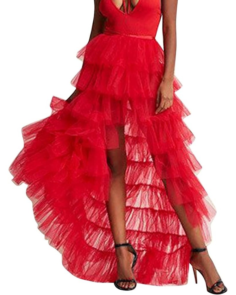 Woman's Cake High Waist Skirt Pleated Skirt Bubble Skirt Long High Low Ruffles Party Tulle Skirt Winter Skirts Red $13.51 Skirts