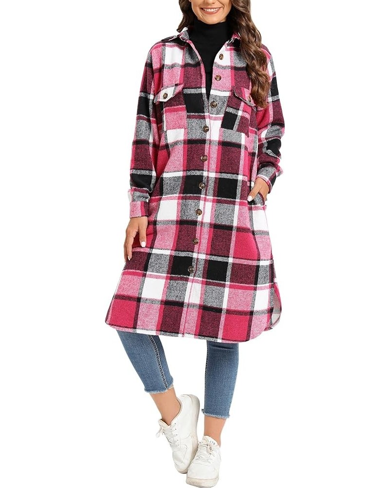 Women's Casual Button Down Flannel Long Plaid Shirts Jacket Coats with Pockets Rose $18.45 Jackets