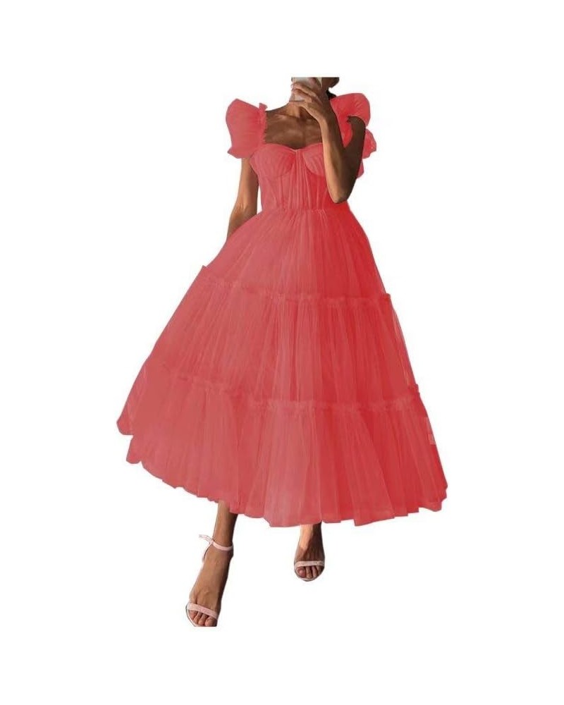 Homecoming Dress for Juniors Tulle Prom Dresses Tea Length Wedding Dress with Straps Coral $34.43 Dresses