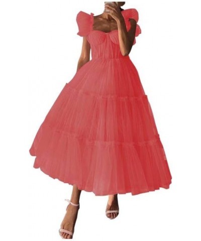 Homecoming Dress for Juniors Tulle Prom Dresses Tea Length Wedding Dress with Straps Coral $34.43 Dresses