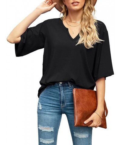 Women's Blouse Tops Loose V Neck 3/4 Bell Sleeve Shirt C-01- Black $11.04 Tops