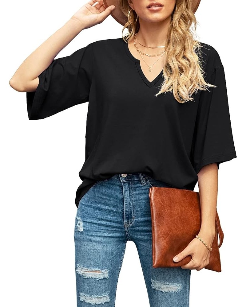 Women's Blouse Tops Loose V Neck 3/4 Bell Sleeve Shirt C-01- Black $11.04 Tops