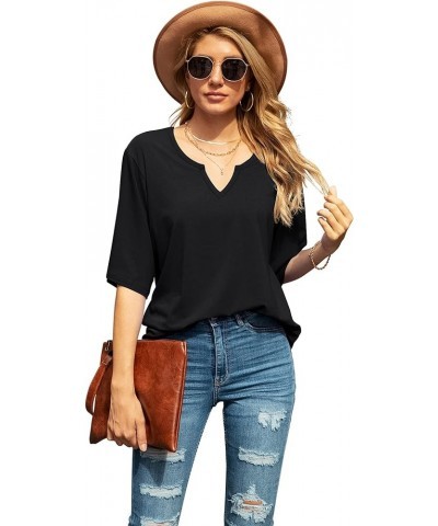 Women's Blouse Tops Loose V Neck 3/4 Bell Sleeve Shirt C-01- Black $11.04 Tops