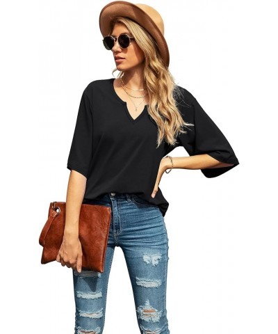 Women's Blouse Tops Loose V Neck 3/4 Bell Sleeve Shirt C-01- Black $11.04 Tops