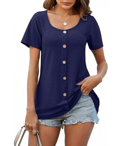 Plus Size Tunic Tops Women Summer for Leggings Casual Short Sleeve Shirts Loose Fit Flowy Scoop Neck Blouse W-navy Button Dec...