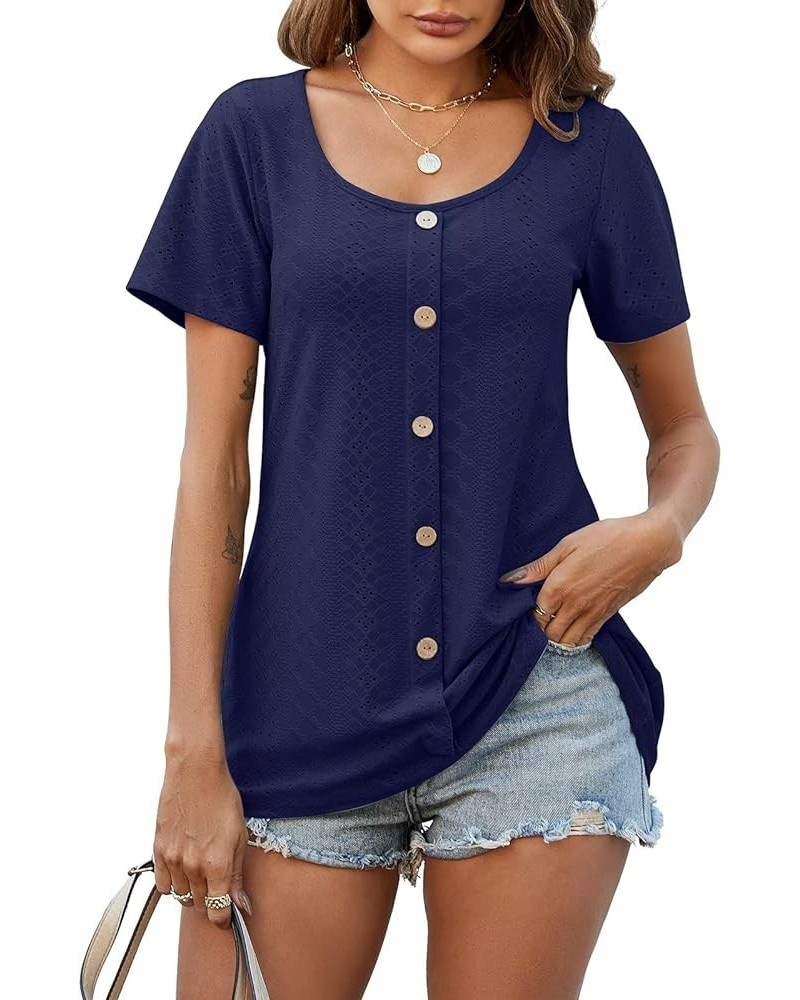 Plus Size Tunic Tops Women Summer for Leggings Casual Short Sleeve Shirts Loose Fit Flowy Scoop Neck Blouse W-navy Button Dec...