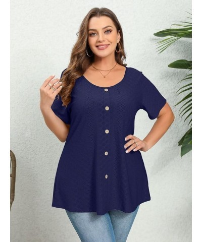 Plus Size Tunic Tops Women Summer for Leggings Casual Short Sleeve Shirts Loose Fit Flowy Scoop Neck Blouse W-navy Button Dec...