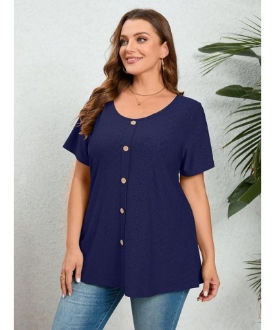 Plus Size Tunic Tops Women Summer for Leggings Casual Short Sleeve Shirts Loose Fit Flowy Scoop Neck Blouse W-navy Button Dec...