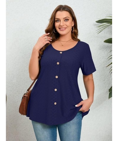 Plus Size Tunic Tops Women Summer for Leggings Casual Short Sleeve Shirts Loose Fit Flowy Scoop Neck Blouse W-navy Button Dec...