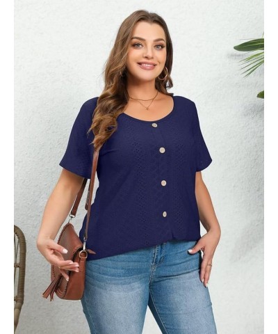 Plus Size Tunic Tops Women Summer for Leggings Casual Short Sleeve Shirts Loose Fit Flowy Scoop Neck Blouse W-navy Button Dec...