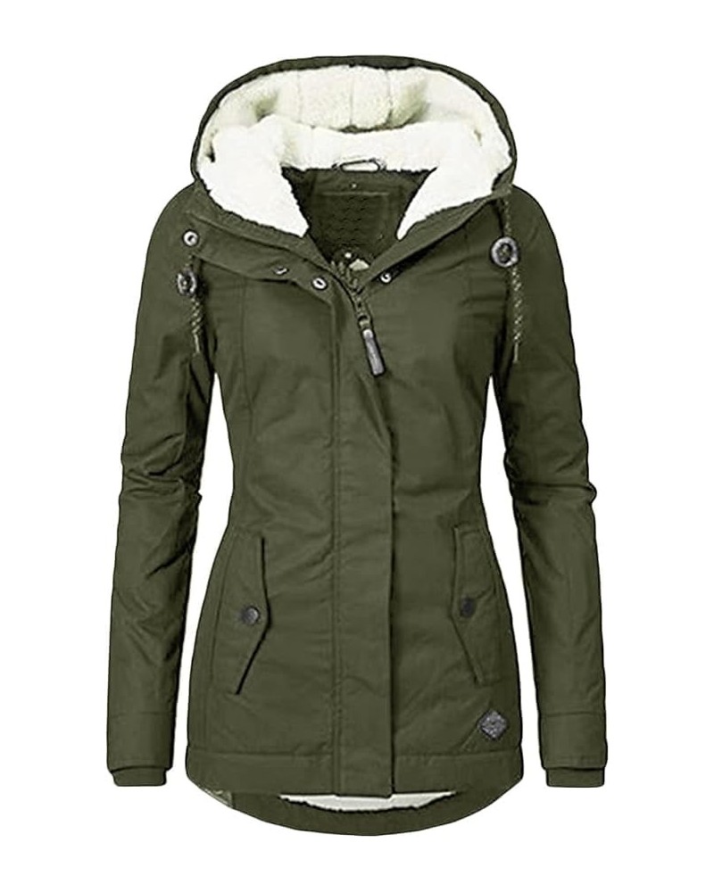 Women's Fleece Hooded Winter Coat Long Warm Fleeced Lined Long Jackets Military Thicken Parka Jacket Pitch Green $17.13 Jackets