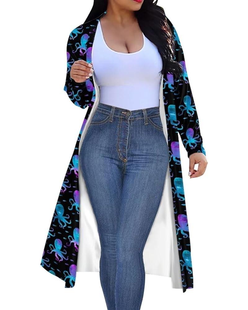 Women's Casual Cloak, Long Sleeved Length Cardigan, Ladies Draped Oversized Beach Coat Blue-purple Gradient Octopus $16.00 Sw...