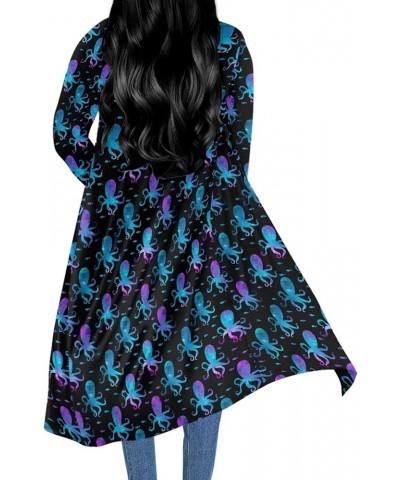 Women's Casual Cloak, Long Sleeved Length Cardigan, Ladies Draped Oversized Beach Coat Blue-purple Gradient Octopus $16.00 Sw...