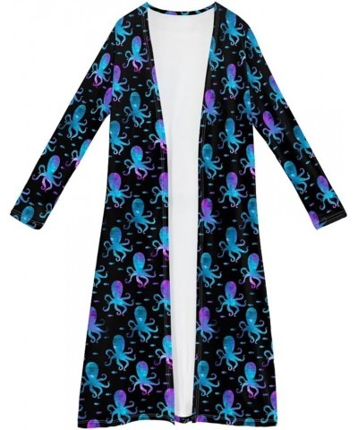 Women's Casual Cloak, Long Sleeved Length Cardigan, Ladies Draped Oversized Beach Coat Blue-purple Gradient Octopus $16.00 Sw...