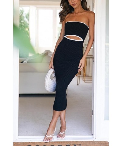 Women Summer Knit Strapless Dress Tube Long Dress Cut Out Bodycon Midi Dress Cute Going Out Dress B Black $15.75 Dresses