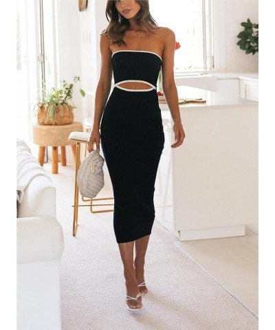 Women Summer Knit Strapless Dress Tube Long Dress Cut Out Bodycon Midi Dress Cute Going Out Dress B Black $15.75 Dresses