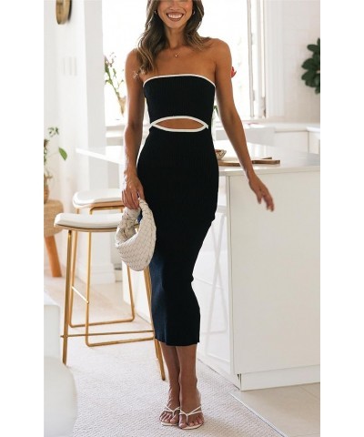 Women Summer Knit Strapless Dress Tube Long Dress Cut Out Bodycon Midi Dress Cute Going Out Dress B Black $15.75 Dresses