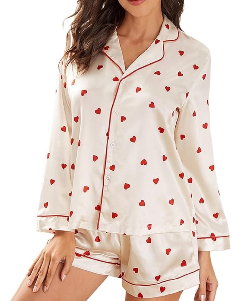 Valentine's Day Heart Pajamas Set for Women Button Down Long Sleeve Pjs with Shorts 2 Piece Sleep Set Loungewear Cute Heart W...