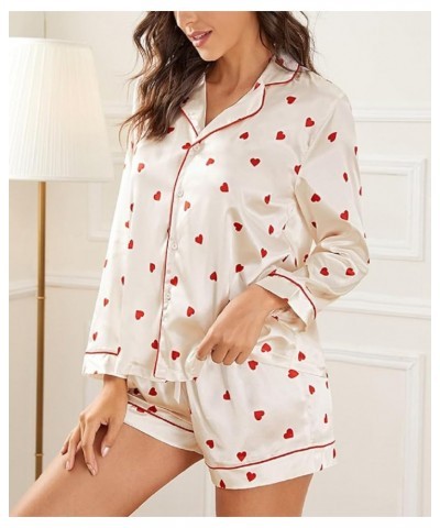 Valentine's Day Heart Pajamas Set for Women Button Down Long Sleeve Pjs with Shorts 2 Piece Sleep Set Loungewear Cute Heart W...