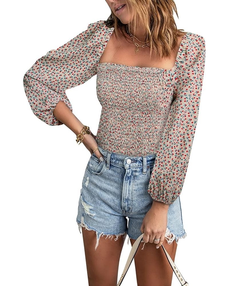 Women Summer Puff Sleeve Shirred Top Cute Square Neck Smocked Crop Blouses Shirts Ditsy Floral Apricot $13.80 Tops