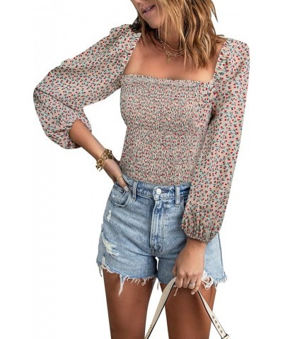 Women Summer Puff Sleeve Shirred Top Cute Square Neck Smocked Crop Blouses Shirts Ditsy Floral Apricot $13.80 Tops