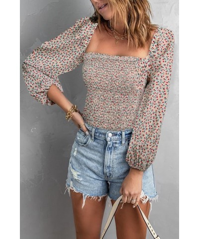 Women Summer Puff Sleeve Shirred Top Cute Square Neck Smocked Crop Blouses Shirts Ditsy Floral Apricot $13.80 Tops