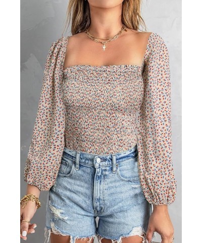 Women Summer Puff Sleeve Shirred Top Cute Square Neck Smocked Crop Blouses Shirts Ditsy Floral Apricot $13.80 Tops