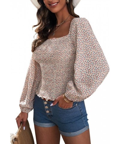 Women Summer Puff Sleeve Shirred Top Cute Square Neck Smocked Crop Blouses Shirts Ditsy Floral Apricot $13.80 Tops