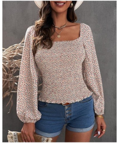 Women Summer Puff Sleeve Shirred Top Cute Square Neck Smocked Crop Blouses Shirts Ditsy Floral Apricot $13.80 Tops