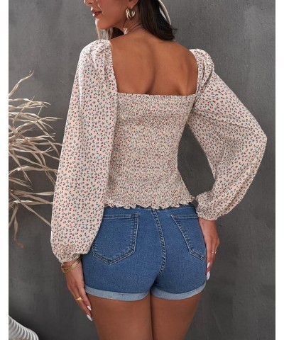 Women Summer Puff Sleeve Shirred Top Cute Square Neck Smocked Crop Blouses Shirts Ditsy Floral Apricot $13.80 Tops