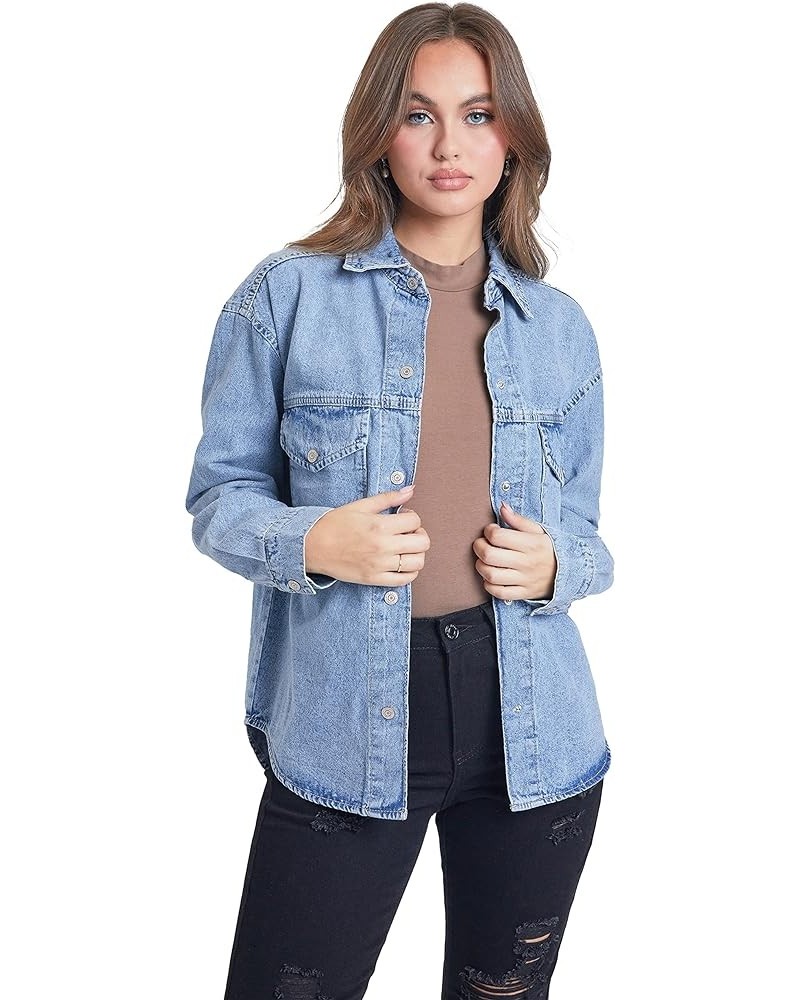 Women's Junior Oversized Denim Shacket Blue $21.87 Jackets