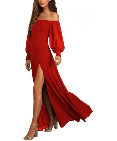 Off The Shoulder Long Sleeve Chiffon Bridesmaid Dresses Long Formal Wedding Guest Dresses for Women with Slit Red $35.20 Dresses